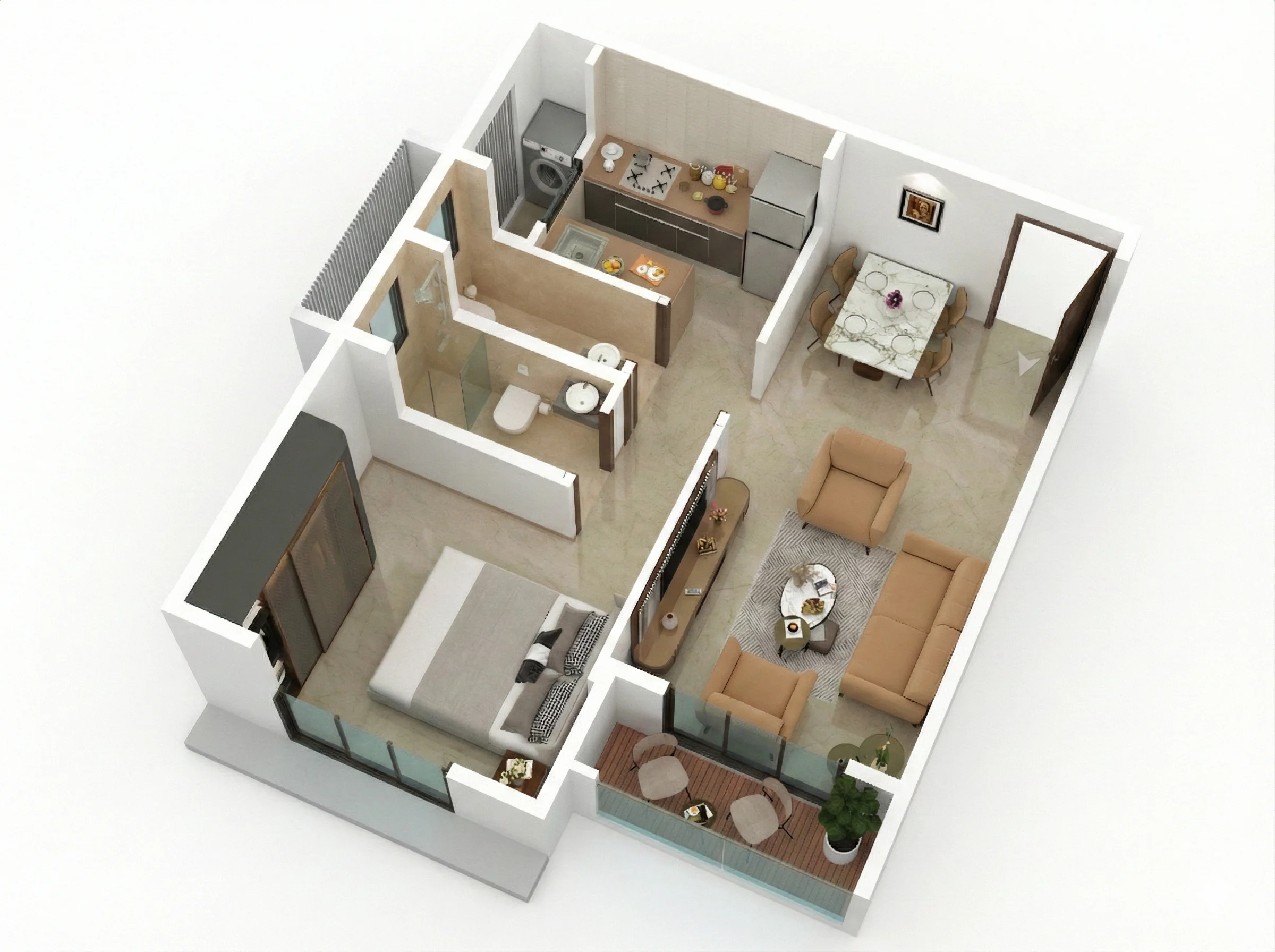 1 BHK Wing C 3D Render