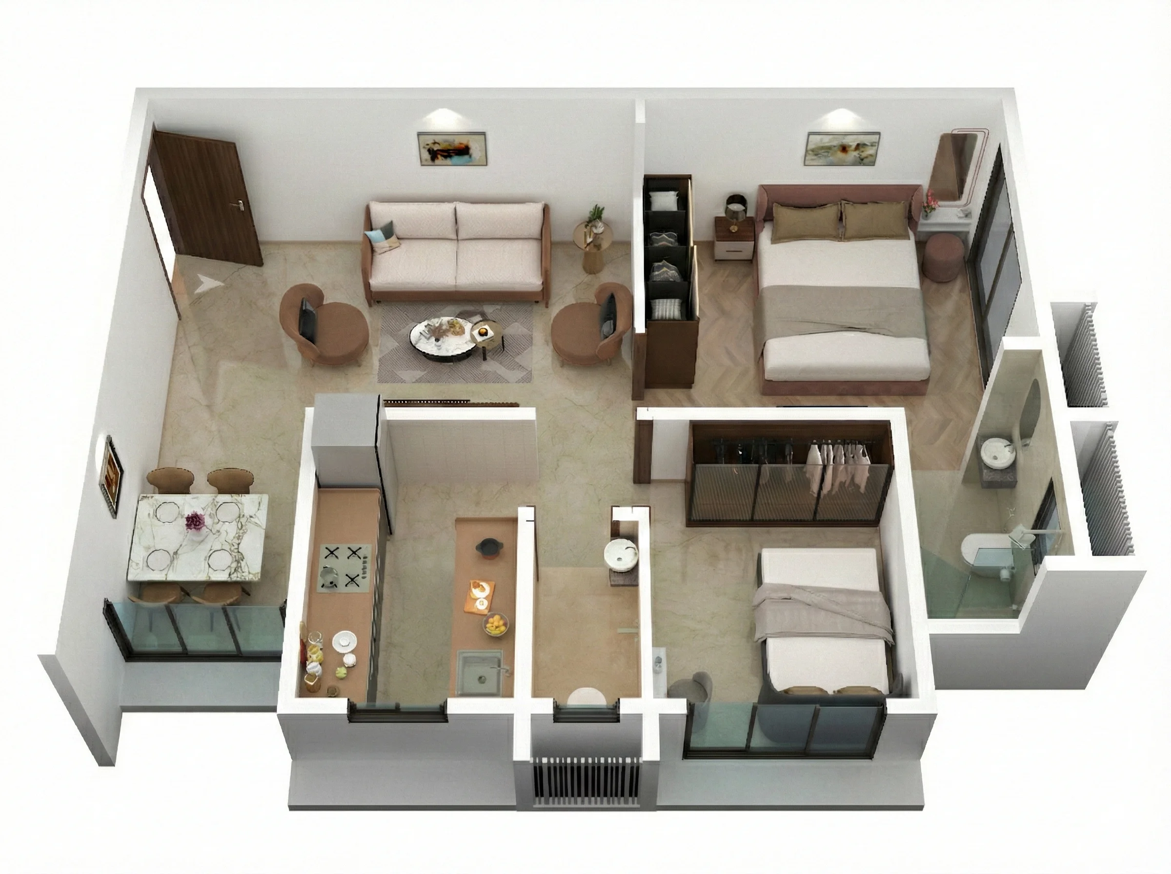 2 BHK Wing A 3D Render