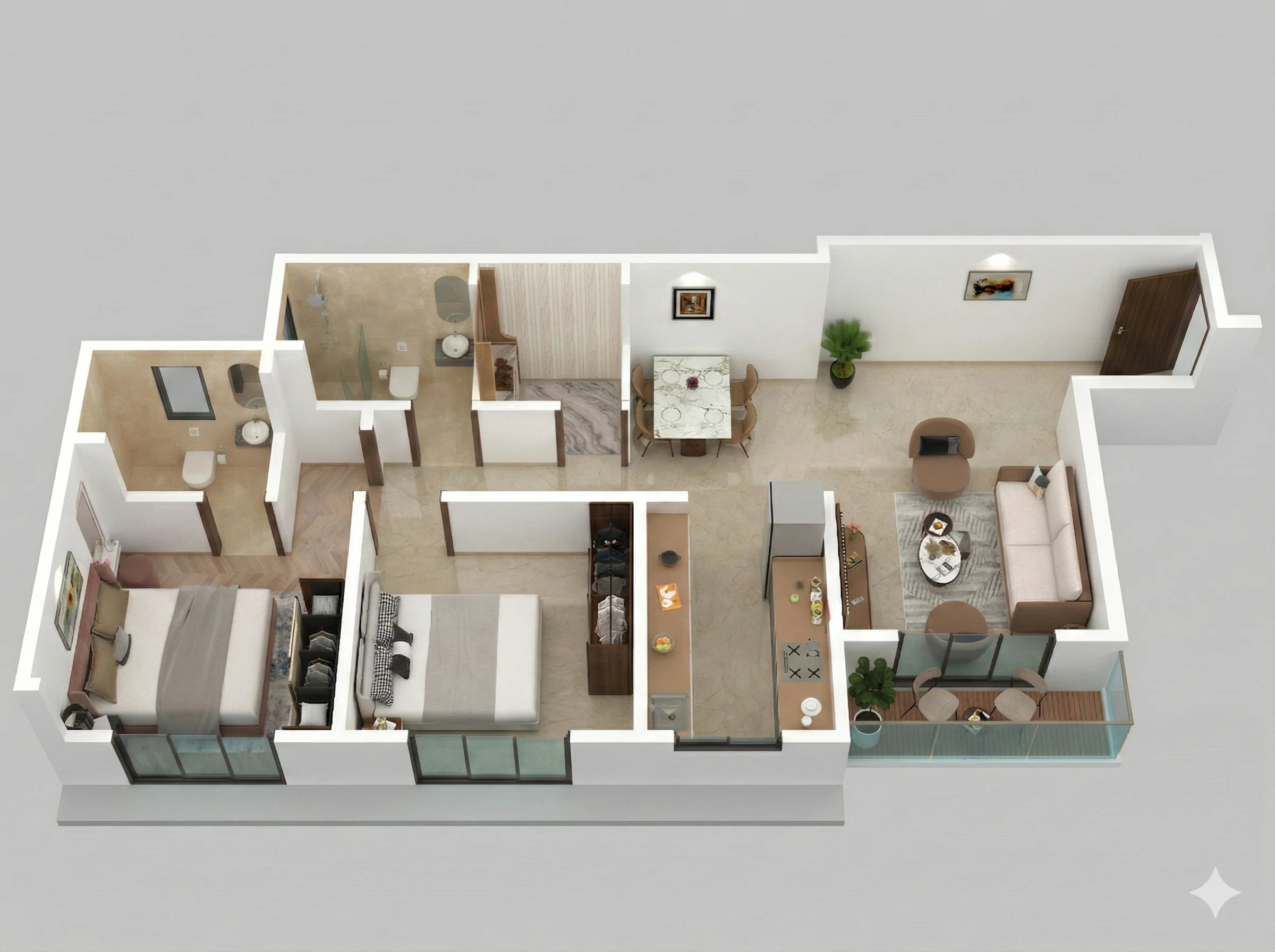 2 BHK Wing B 3D Render